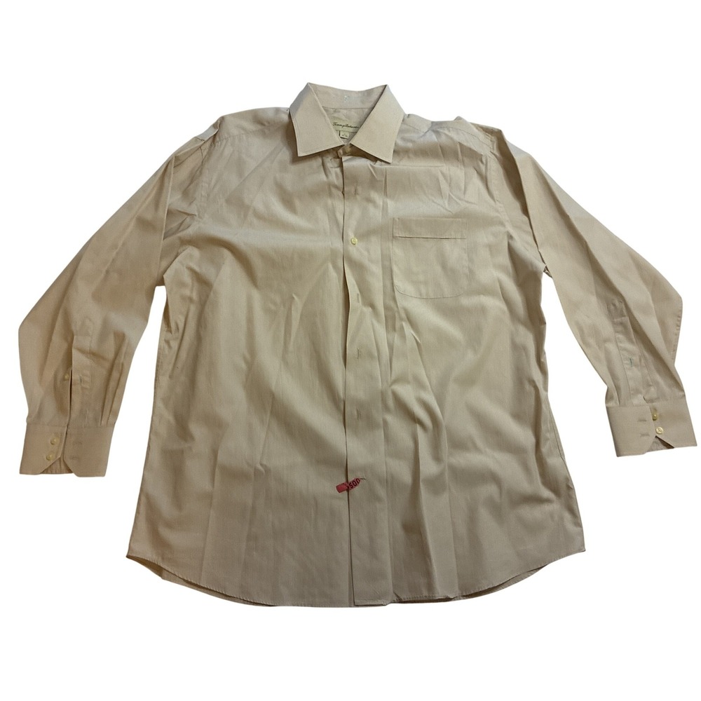 Tommy Bahama Mens 17 32-33 Tan White Micro Stripe Long Sleeve‎ Button Down Shirt